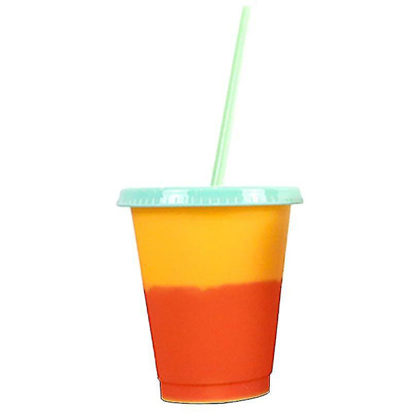 Kreativ Färgväxlande Mugg med Lock och Sugrör Återanvändbar Plast Kort Kall Dryckesmugg för Vuxen (Orange)