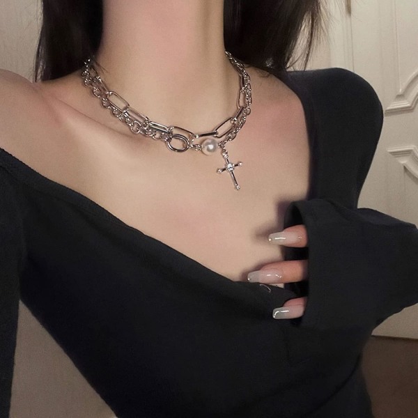 Punk Lagdelt Kors Halskjede Kjede Sølv Kors Tiny Pearl Anheng Choker for Kvinner Jenter