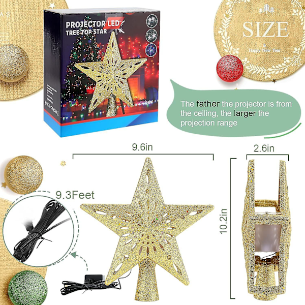Juletrær Topper Stjerne Lys med Roterende Snøfnugg LED-Projektor, Gullstjerne 3D Glitret