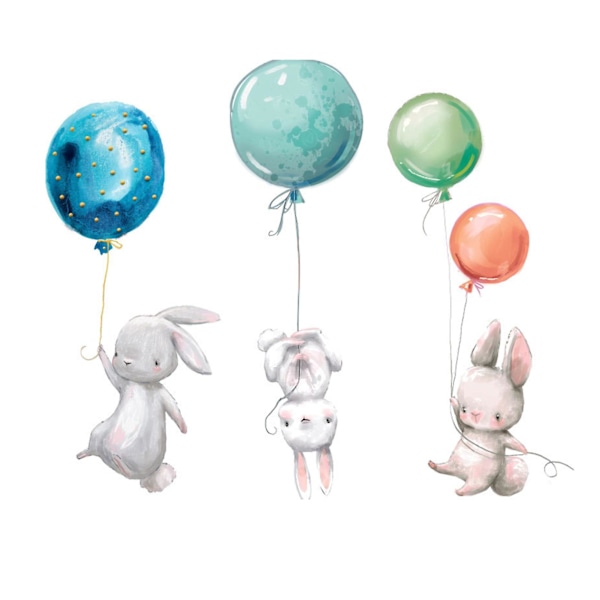 Väggdekaler Kanin Avtagbar Skadesfri Flerfärgad Cartoon Kanin Väggdekaler med Ballong för Barnrum