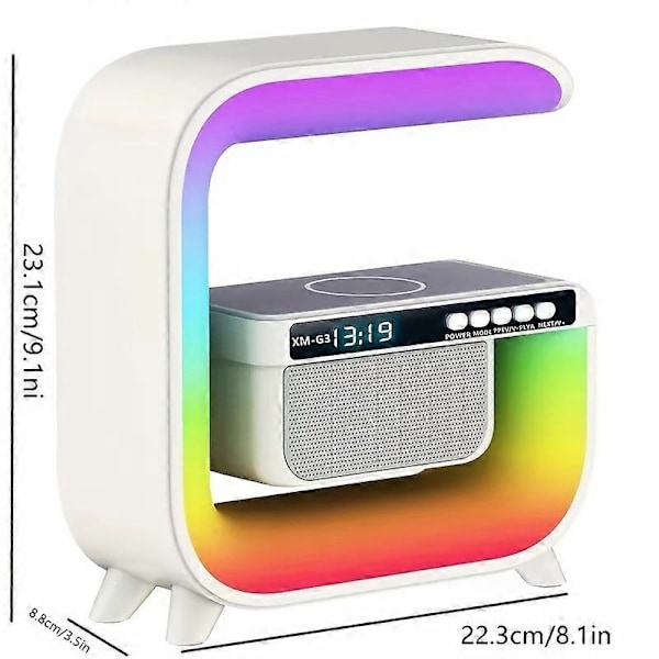 Stor G Bluetooth Högtalarklocka 15W Trådlös Laddning Skrivbords Atmosfärslampa