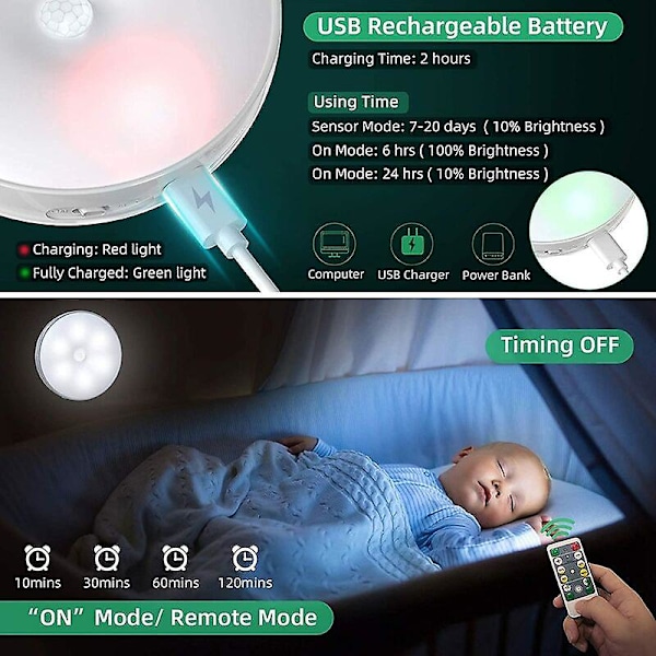 LED nattlampa garderobslampa, USB-laddningsbar 3-pack trådlösa nattlampor med touchkontroll och fjärrkontroll dimbar ljusstyrka drivna skåp L