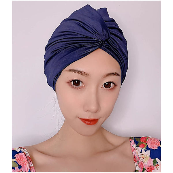 Stof Svømmehætte Plisseret Svømmehat Kvinder Svømmehætte til Turban Hat, Navy Blå