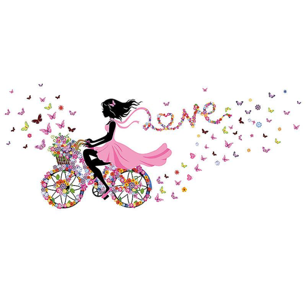 Blomsterfe-piger cykler med sommerfugl og blomster vægklistermærker til pigers soveværelse, romantiske smukke blomster sommerfugle piger tapet, DIY væg