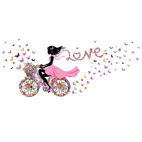 Flower Fairy Girls Ride Bikes With Butterfly & Flower Wall Decals for Girls Bedroom, Romantic Beautiful Flowers Butterflies Girls Wallpaper, DIY Wall