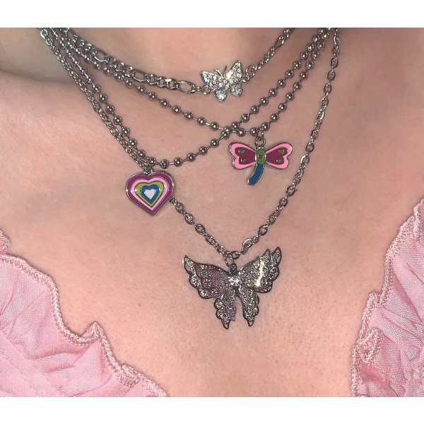 Y2K hjertekæde halskæde Pink Dragonfly rustfrit stål Cool æstetik uafhængig vedhæng halskæde til piger