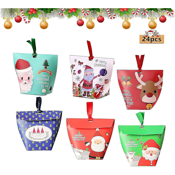 24 stk Julegodteriboks, dekorative julegaveesker, julegaveposer, kraftpose julegaveposer