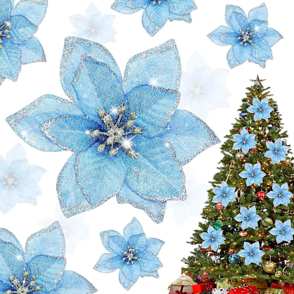 10 st konstgjorda julblommor, julglitter-julstjärneblommor prydnad, konstgjorda kransblommor till jul, blå