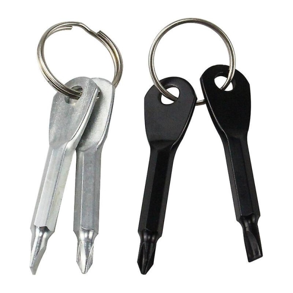 2 delar nyckelring skruvmejselverktyg, mini multifunktionellt fickverktyg, 2 i 1 set med platt huvud och tvärhuvud (svart, silver)