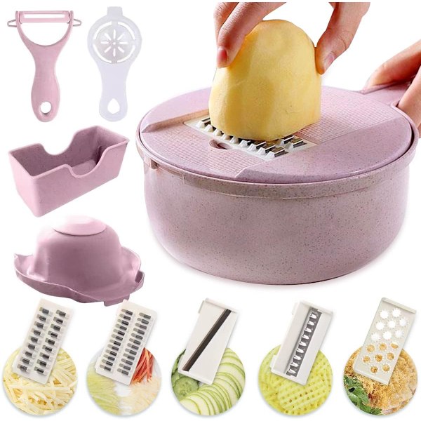 12-in-1 Vegetable Cutter With Container, Stainless Steel Vegetable Cutter Fruit Cutter (Pink)