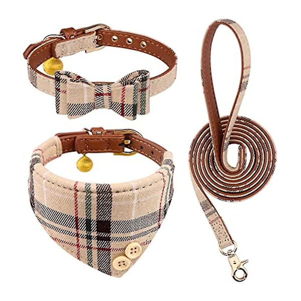 3pcsdog Collar And Leash Dog Bow Tie With Bell Dog Bandana Dog Skin Dog Collar Dog Beige S（M，beige）