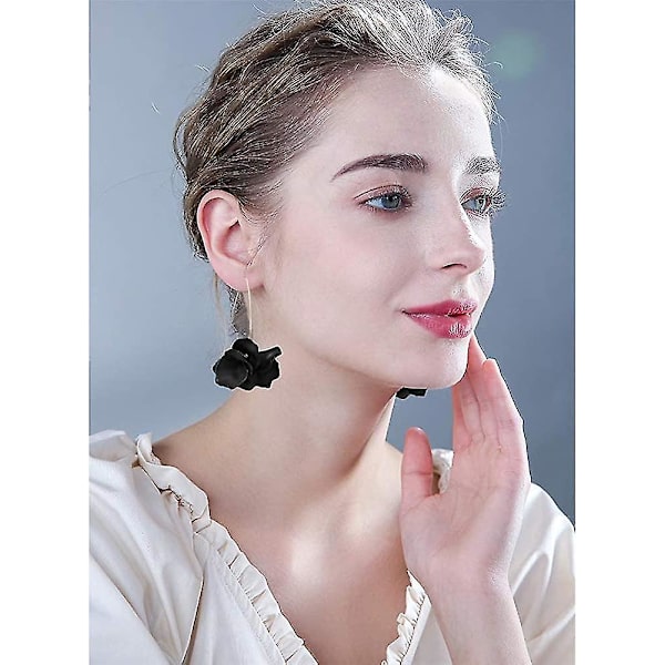 Boho Rose Petal Dangle Resin Øredobber - Lange Drop Akryl Lagdelt Blomst Øredobber - Svart