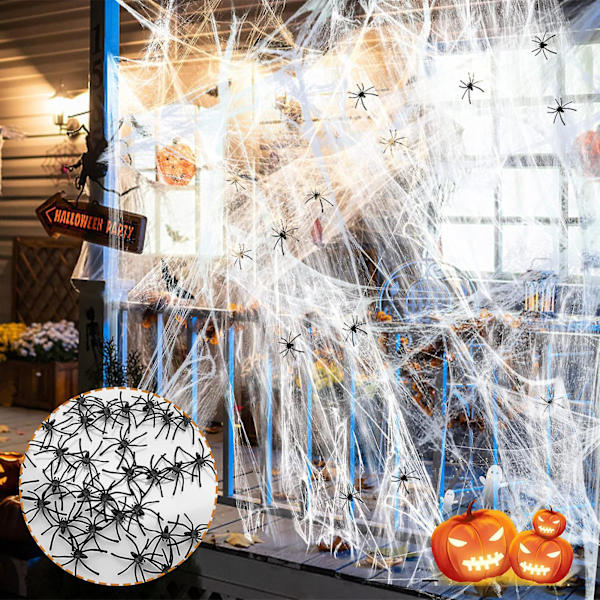 1 Set Halloween Spindelnät med 30 Falska Spindlar Lätt att Fästa Sträckbart Spindelnät Hem Spökhus Dekoration