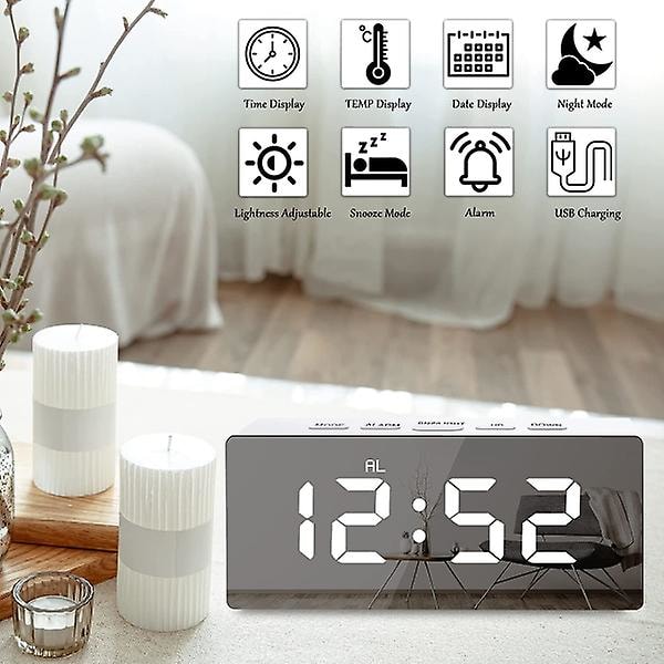 Digital LED-väckarklocka med spegelyta Vit