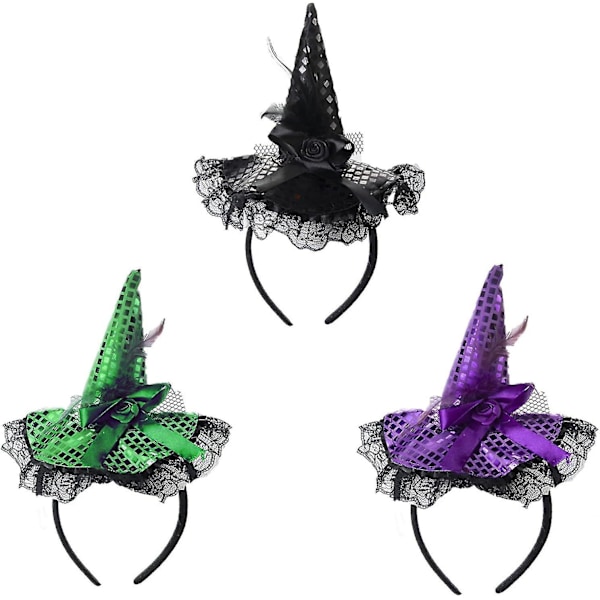 Sort heksehat og blonder detaljer Halloween hovedbånd, sæt af 3