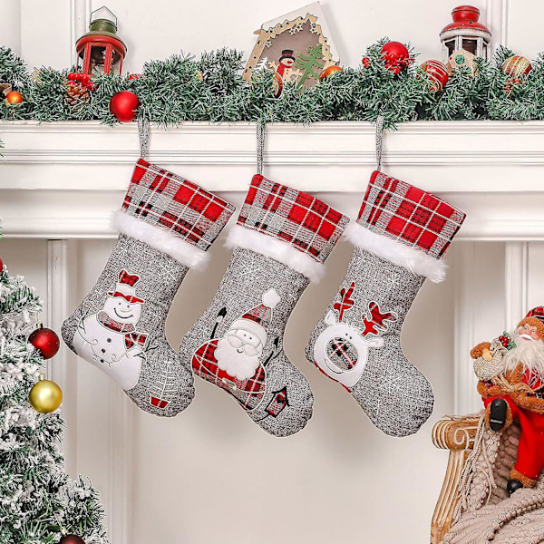 Julstrumpor 3-pack, 18 tum Röd/grå Buffelrutig Broderad Söt Tomte Snögubbe Rensa Plysch Stora Hängande Strumpor för Juldekorationer