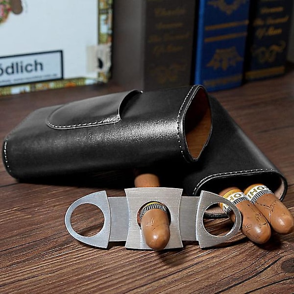 3-Finger Læder Cigar Etui med Cutter Cedar Træforet Cigar Humidor Bærbar Rejse Cigar Etui, Sort