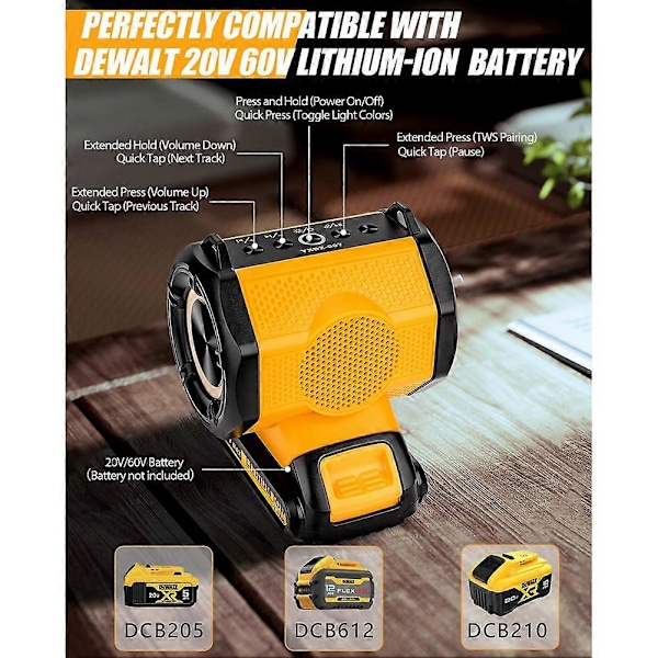 Trådlös Bluetooth Portabel Högtalare för 18V Batteri med TWS-parningsfunktion, Dubbel USB Po