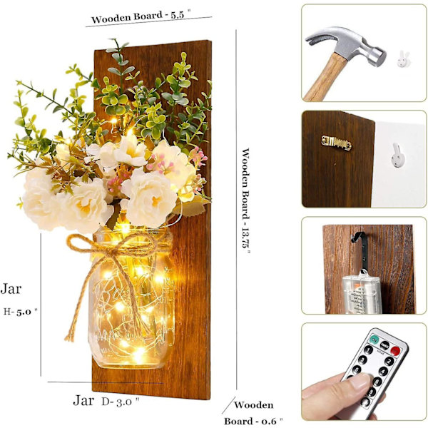 Rustika Vägglampor Mason Jar Vägglampor Handgjord Väggkonst Hängande Design Med Fjärrkontroll LED-Fairy Lights Och Vit Pion, lantlig Köksdekoration