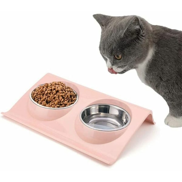 Stor rosa husdjursskål dubbel skål i rostfritt stål hund dubbel skål kattskål matskål, HANBING