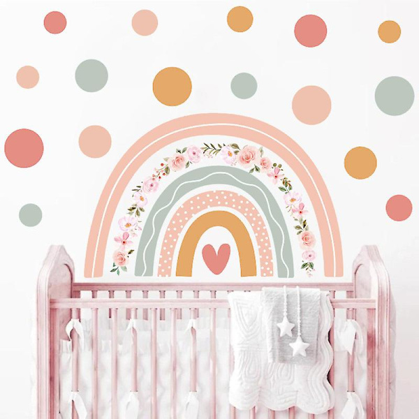 Regnbåge Väggdekaler Bohemian Prickar Väggdekaler Rosa Blomma Väggdekal för Baby Flickrum Barn Kammare Hem Väggdekor