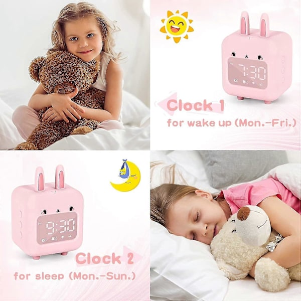 Väckarklocka, Söt Kanin Väckarklocka för Flickor, Vitbrus Väckarklocka, Nattlampa med USB Barn Väckarklocka för Flickors Sovrum (Rosa)