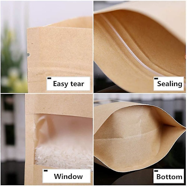 50 stk Kraftposer med vindu Stående Ziplock Seal Papirpose Gjenlukkbar Stor Matlagringspung, 16*26cm