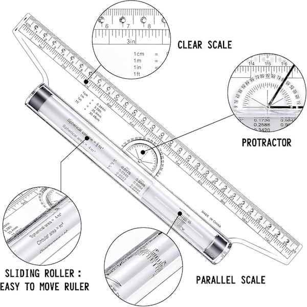 2 stk. Plastik Måle-Rullelineal, Tegne-Rullelineal, Parallel Lineal, Multifunktionel Tegne-Design Lineal Til Måling, Tegninger, Stu