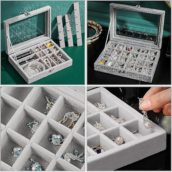 Smyckeskrin med 24 Fack, Örhänge Förvaring, Resesmyckeskrin, Sammet Smyckeskrin med Lock, Smyckesförvaring för Ringar, Armband, Halsband