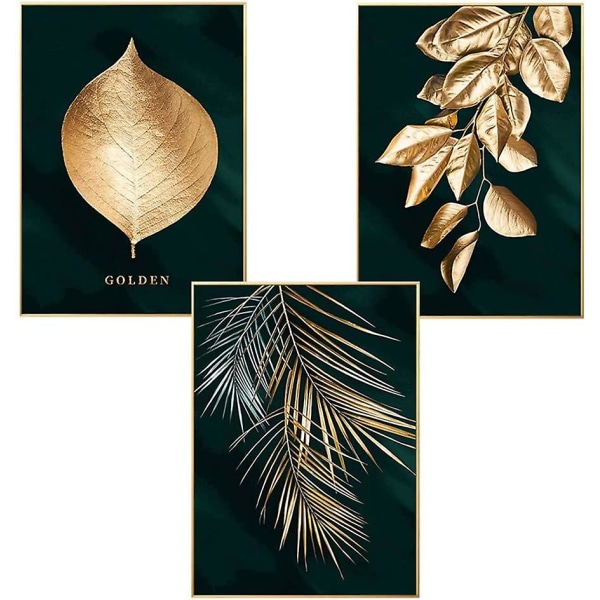 Sett med 3 designveggplakater med skogmotiv, bladgull, palme, uinnrammet, veggdekorasjon til stuen