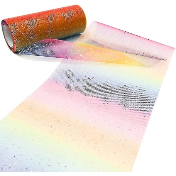1 stk Rainbow Gradient Glitter Tulle Roll Stoffbånd Tulle Ribbon Roll (6 In 10 Yards), Lett