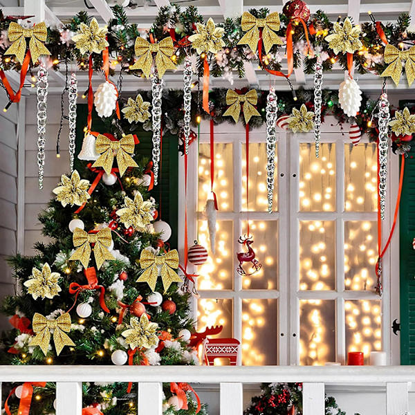 24-delad julgransdekorationssats med glitter, konstgjorda blommor, glitter-julstjärnor, rosetter med stjälkar och blad för jul- och bröllopsfest