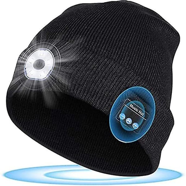 Bluetooth mössa med ljus, perfekta pappapresenter i julen, USB uppladdningsbar tredje växeln justerbar cap(svart)