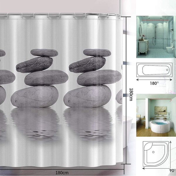 Duschdraperi Vattentät 3d badrumsgardin med 12 krokar och öglor 100 % polyester (Pebble and Grey, 180*