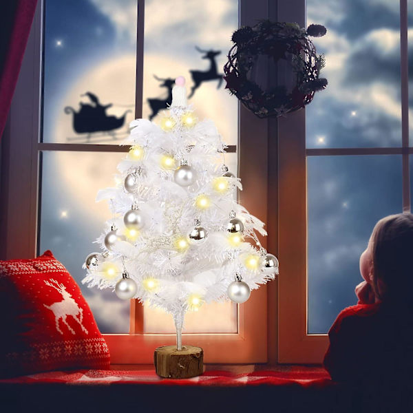 Liten bordsjulgran med LED-lampor, vit fjäder bordsjulgran med glittrande älg, bolldekorationer (45 cm + ljus) -a