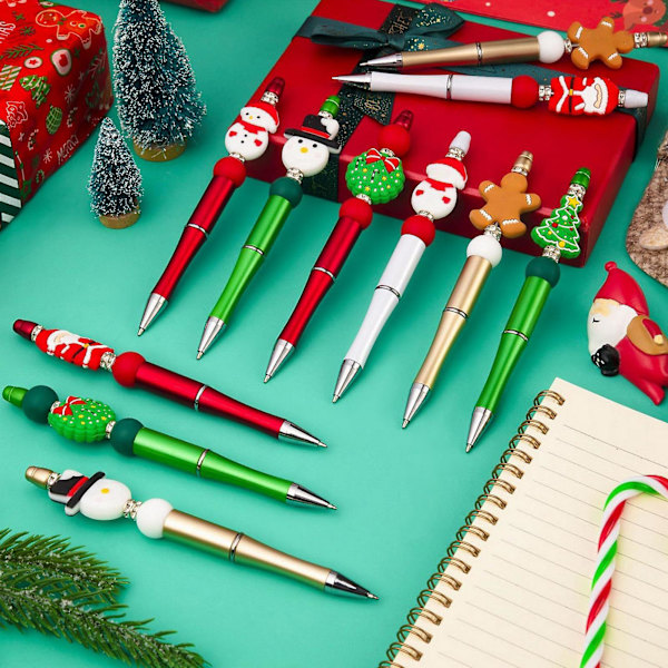1 Set Julkuladdpenna med Färgglada Silikonpärlor Snögubbe Tomte Träd Charm DIY Plastpärlade Penna Festivalpresent (B)