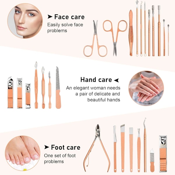 Manikyrset 26-delad professionell nagelklippare set, rostfritt stål verktygssats för nagelvård, pedikyrset för fotvård (rosa)