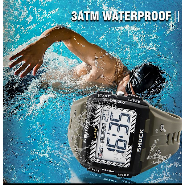 Store tall lettleste 50 meter vanntett herre digital klokke utendørs sport, sølv