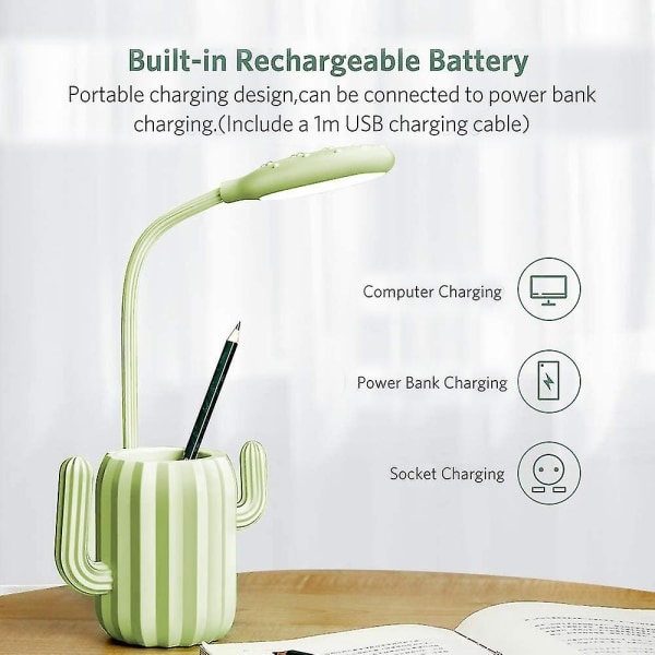 Skrivbordslampa, Kids Led USB Uppladdningsbar 3 nivådimande sängbordslampa med pennhållare för kontorshem Barn (grön)