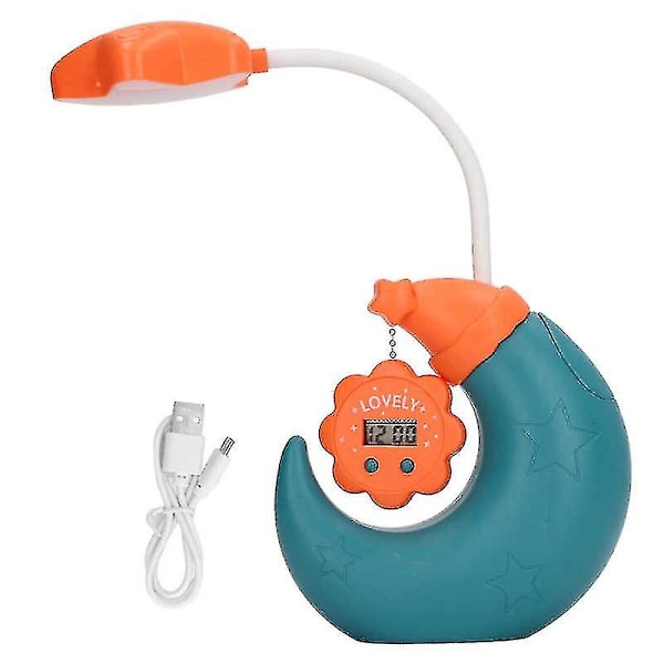 Pennställningslampa för skrivbord med USB-laddning, ögon skydd, tecknad LED-bordlampa med spegel, elektronisk klocka för barn (blå)
