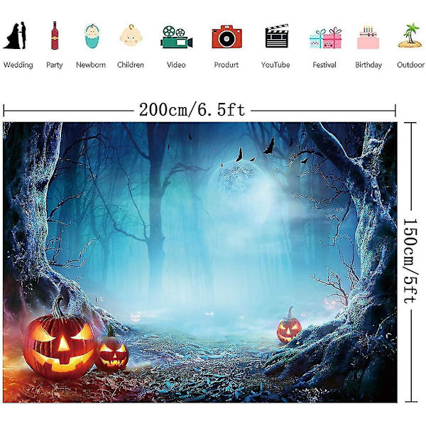 6.5x5ft Halloween-bakgrund för foto, skräcktema, nattmåne, pumpa, skog, nyfödda barn, porträttbilder, rekvisita, studiobilder