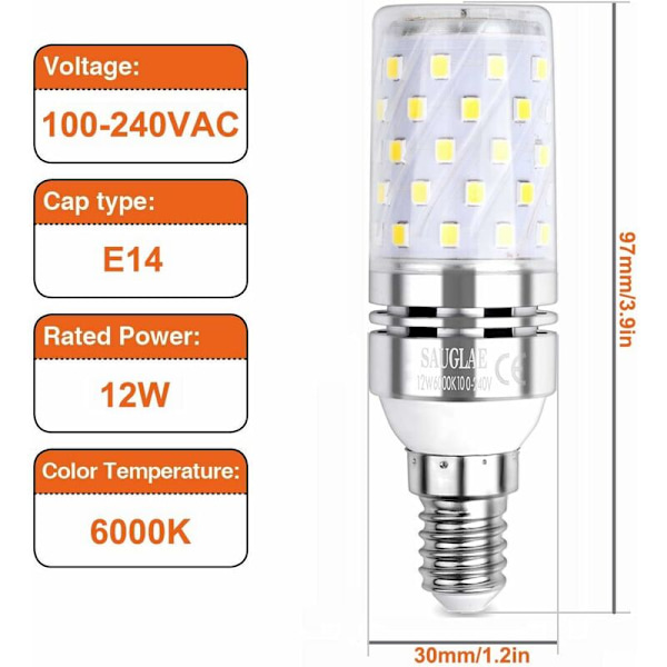 LED-majslampa 12W, motsvarande 100W-lampor, E14, 6000K kallvitt, 1200lm, 4-pack