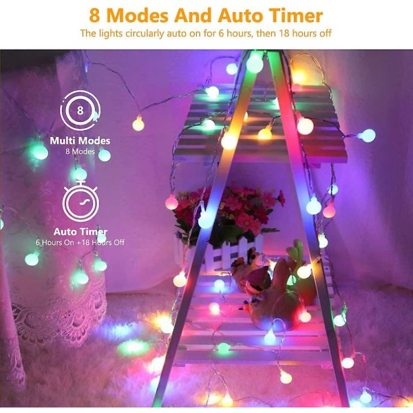 Flerfarvede lyskæder, led julekuglelys 8 tilstande med timerfunktion, vandtætte led lyskæder til indendørs og udendørs, soveværelse, fest,