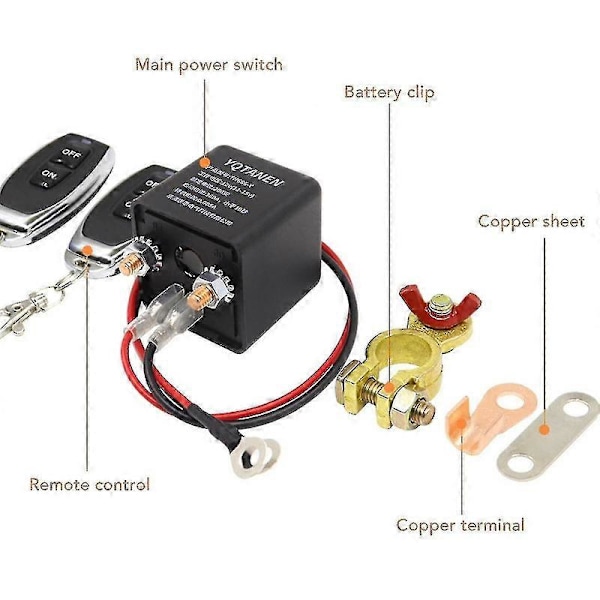 Fjärrstyrd Batterifrånskiljare, DC 12V Bilfrånskiljare, Stöldskydd, Huvudströmbrytare med Fjärrkontroll Kopparterminal för Bil (12V200A)