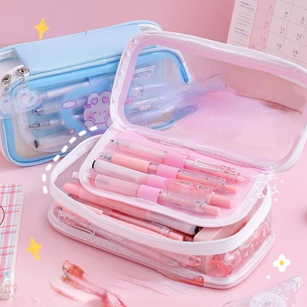 Kawaii kedja dragkedja kanin tryck multi lager stor kapacitet transparent pennfodral skolmaterial