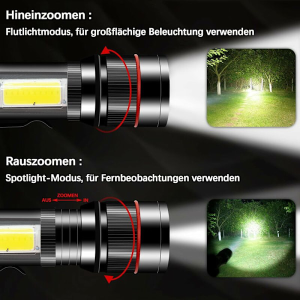 LED-ficklampa, USB-laddningsbar bärbar zoomficklampa med magnet och klämma