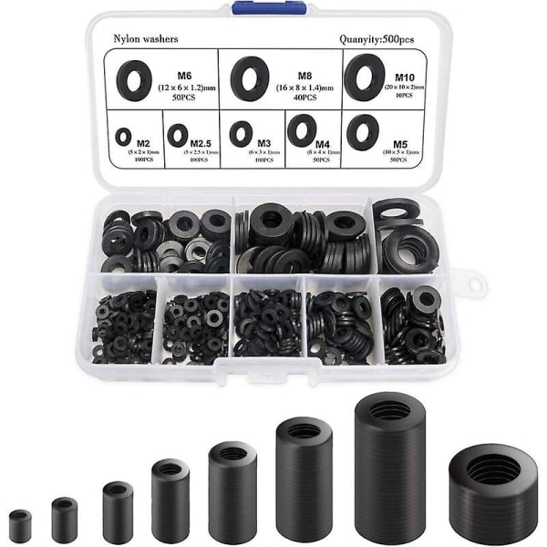 Nylon Gasket, 500PCS Round Black Flat Washer Spacer Washer Compatible with M2 M2.5 M3 M4 M5 M6 M8 M10