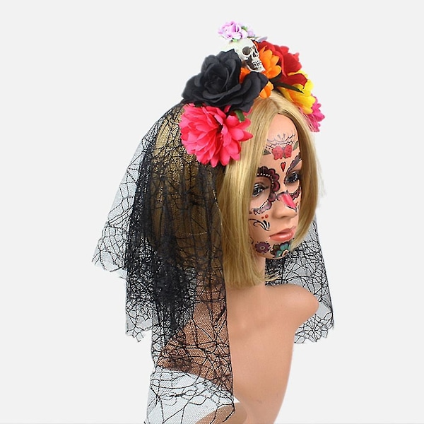 Sort Slør Blomsterkrans Gothic Day Of The Dead Pandebånd Halloween Tiaraer