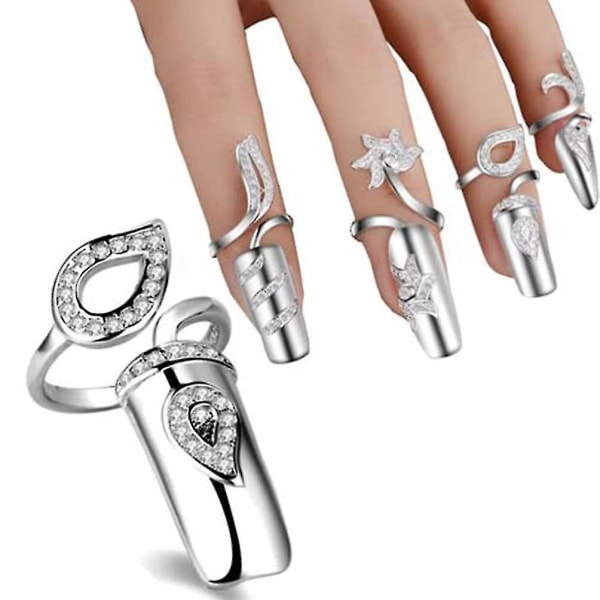 Rhinestone Fingernail Ring Finger Tip Justerbar Öppning Nail Art Charms Tillbehör För Kvinnor Flickor, Silver