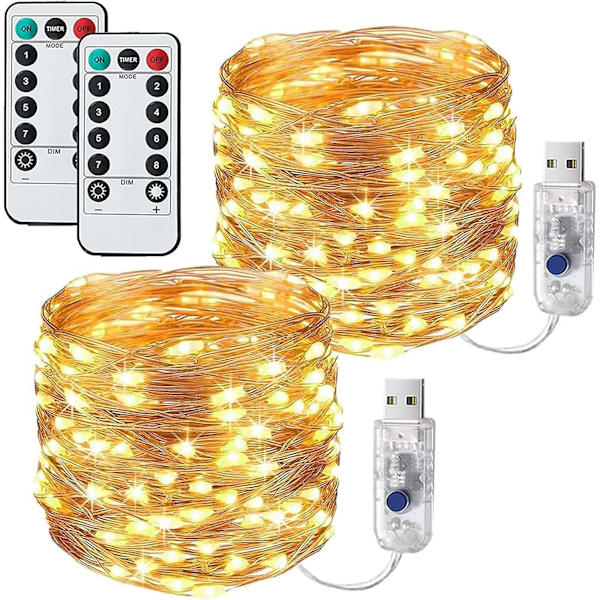 2-pak 10M 100LEDs lyskæde, vandtæt kobbertrådslyskæde med fjernbetjening og timer, varm hvid